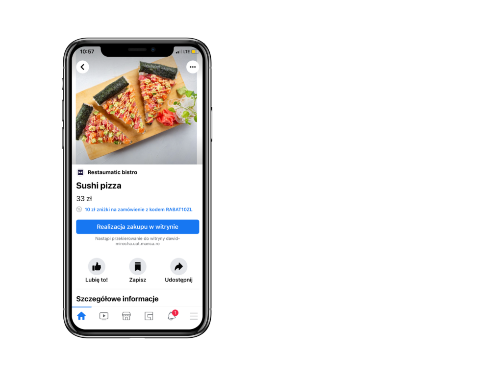 Telefon z propozycją sklepu na Facebooku dla gastronomii 