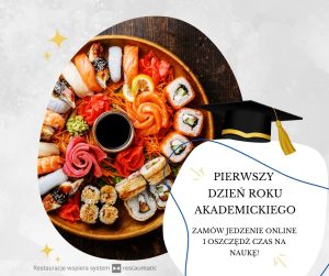 Grafika postu na Facebook na pierwszy dzień roku akademickiego - sushi