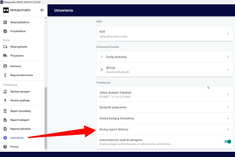 Drukowanie raportu dobowego za pośrednictwem systemu RePOS.