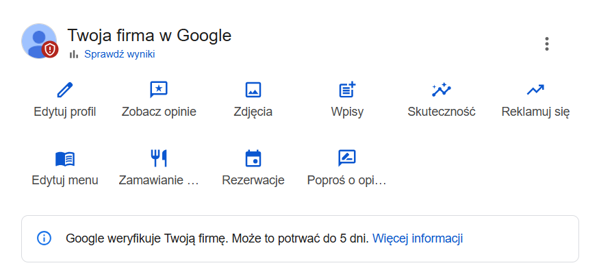 Weryfikacja firmy w Google.