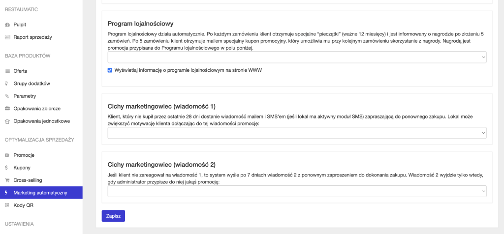 Zakładka „Marketing automatyczny" w panelu administratora.
