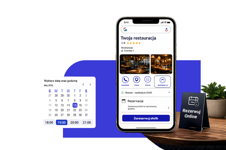 Opcja rezerwacji stolika w restauracji z poziomu wizytówki Google.
